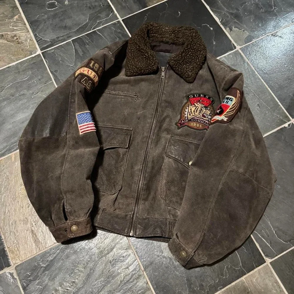 TRUE VINTAGE 80s Guess Leather A-2 Type Airforce Inspired Bomber Jacket - Medium
